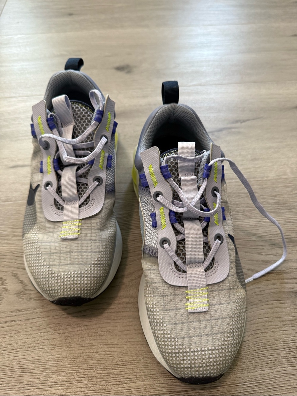 Nike Kids Gray Sneakers with Purple and Yellow Accents